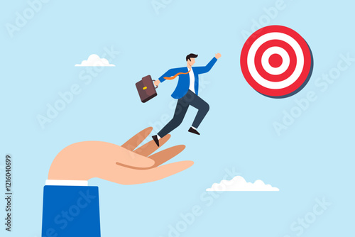 Flat illustration of businessman jump from giant hand to progress toward target symbolizing business mentorship