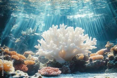 Fototapeta Naklejka Na Ścianę i Meble -  Underwater sunbeams illuminating white coral reef bleaching on a tropical seabed
