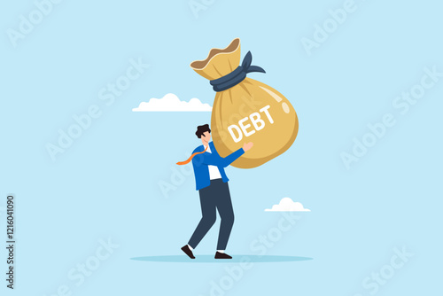 Flat illustration of tired businessman carry giant money bag labeled Debt symbolizing heavy burden of financial obligation