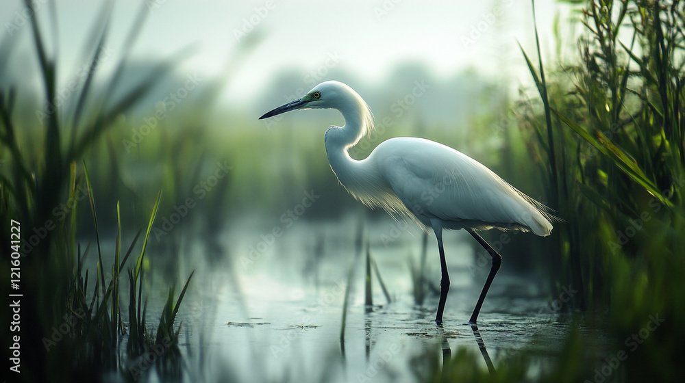 Obraz premium Elegant white heron wading through calm waters at dawn in a lush wetland habitat