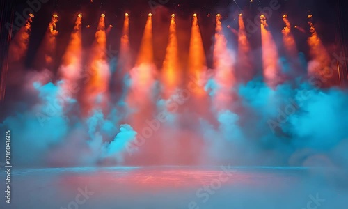 A vibrant stage with colorful lighting and smoke, set for a performance or event.
