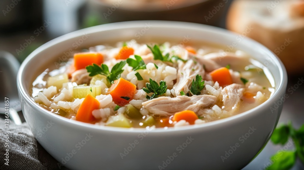 Chicken and rice soup with vegetables, parsley, and white bowl. Emphasizing comforting and nourishing nature, ideal for soup recipes and wholesome meals with a warm presentation. Chicken and rice soup with vegetables, parsley, and white bowl. Emphasizing comforting and nourishing nature, ideal for soup recipes and wholesome meals with a warm presentation.