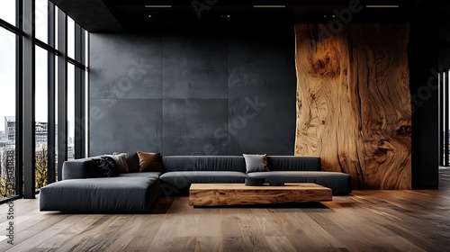 Modern dark apartment living room with large windows, city view, wooden wall, and sectional sofa