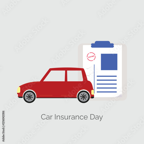 Car Insurance Day is held every February 1. Vehicles. Red car with insurance policy paper design concept. Vector, illustration.