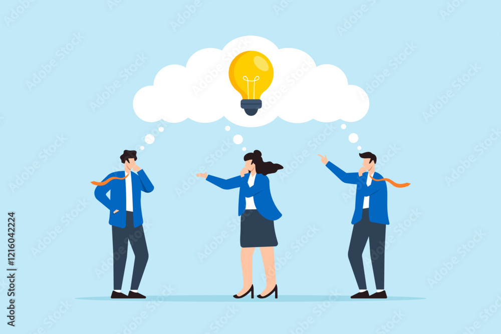 Flat illustration of thoughtful business people brainstorm with identical thinking bubble and lightbulb symbolizing shared ideas for planning success Flat illustration of thoughtful business people brainstorm with identical thinking bubble and lightbulb symbolizing shared ideas for planning success