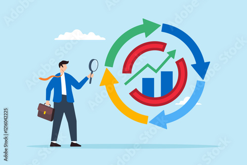 Flat illustration of businessman examine economic cycle diagram with magnifying glass symbolizing stock market analysis