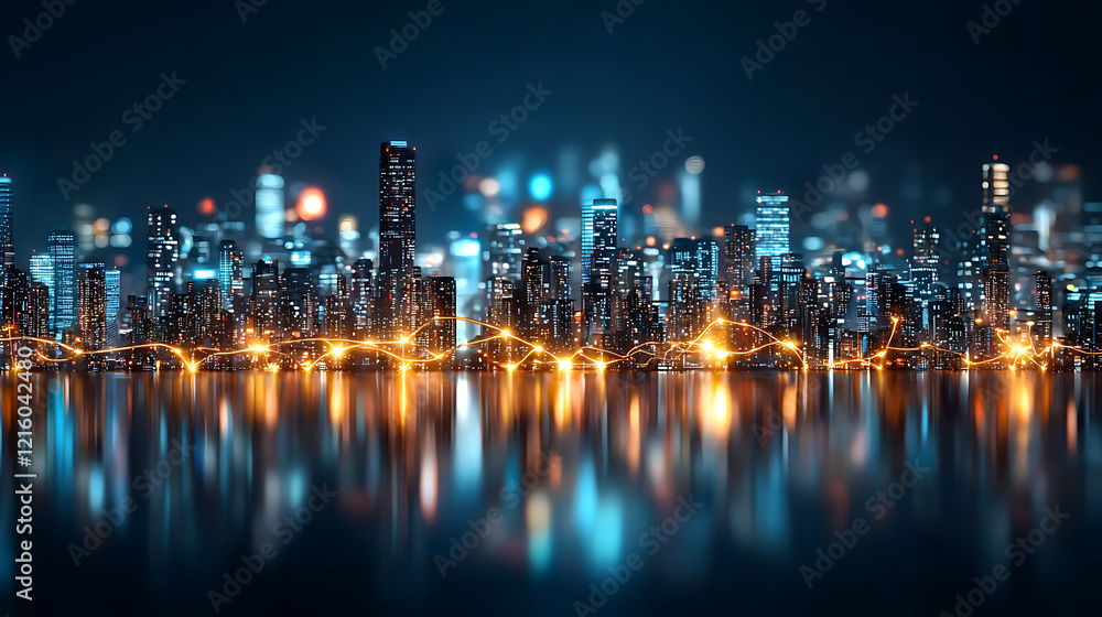 Fototapeta premium city skyline at night with glowing lights reflecting on water creates vibrant atmosphere