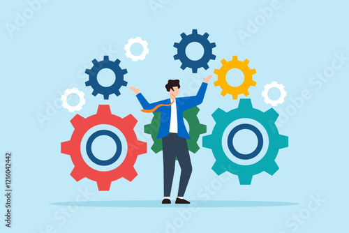 Flat illustration of businessman stand on interconnected gear cogwheel symbolizing process and workflow optimization