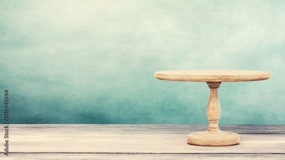 Rustic Wooden Cake Stand on Teal Background Rustic Wooden Cake Stand on Teal Background