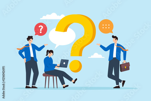 Flat illustration of business people ask question and give answer symbolizing teamwork and problem solving through FAQ discussion