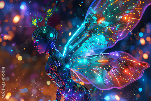 Illustrate a celestial cybernetic fairy with intricate mechanical wings, glowing circuit patterns on its body, set against a cosmic backdrop Use vibrant hues and digital rendering techniques to bring photo