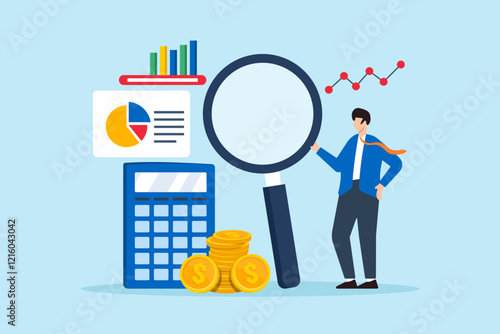 Flat illustration of businessman using magnifier to plan budget with calculator coin and chart symbolizing financial management