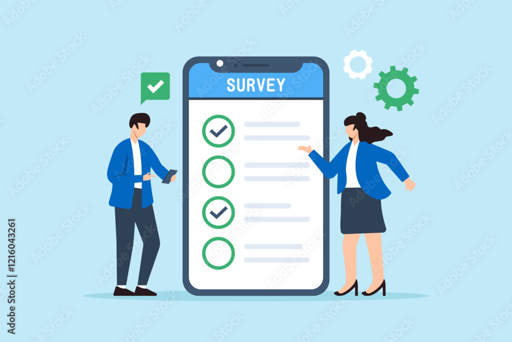 Flat illustration of man and woman using smartphone to fill in online survey checklist symbolizing internet feedback Flat illustration of man and woman using smartphone to fill in online survey checklist symbolizing internet feedback
