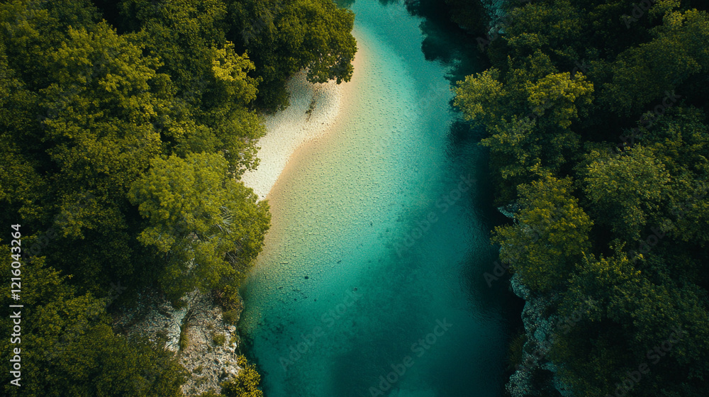 Serene turquoise river flows through lush greenery in a tranquil setting Serene turquoise river flows through lush greenery in a tranquil setting