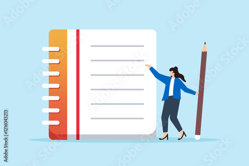 Flat illustration of young woman holding pencil write notebook symbolizing taking note for study and productivity