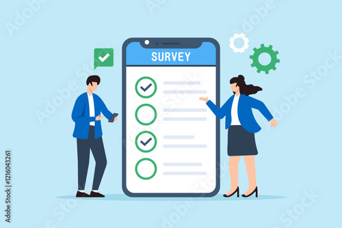 Flat illustration of man and woman using smartphone to fill in online survey checklist symbolizing internet feedback