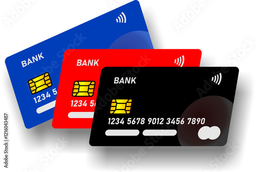 A digital illustration of three modern credit cards in blue, red, and black, featuring contactless payment technology and an embedded chip, representing banking, finance, and electronic transactions photo