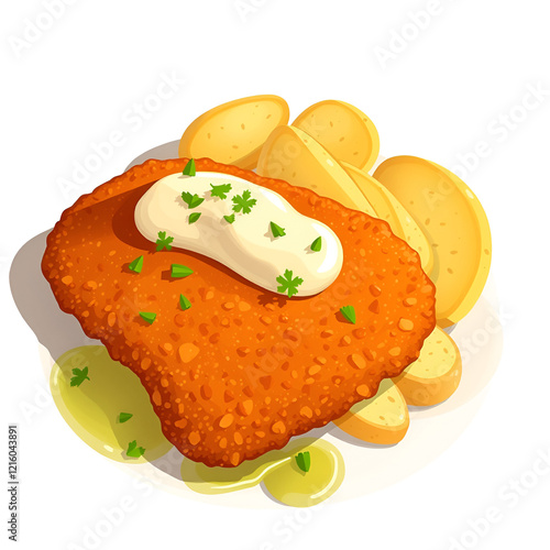 Homemade breaded german weiner schnitzel with potatoes. AI generated illustration photo