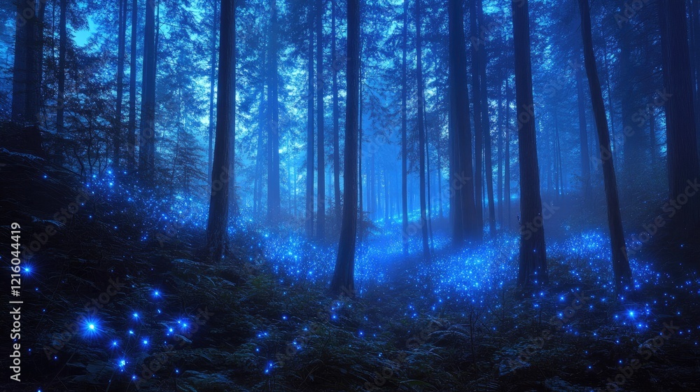 Naklejka premium Bioluminescent forest with glowing plants and magical lights casting an ethereal glow through misty fog and tall trees