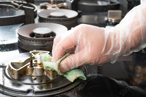 man cleaning gas stove at kitchen horizontal composition