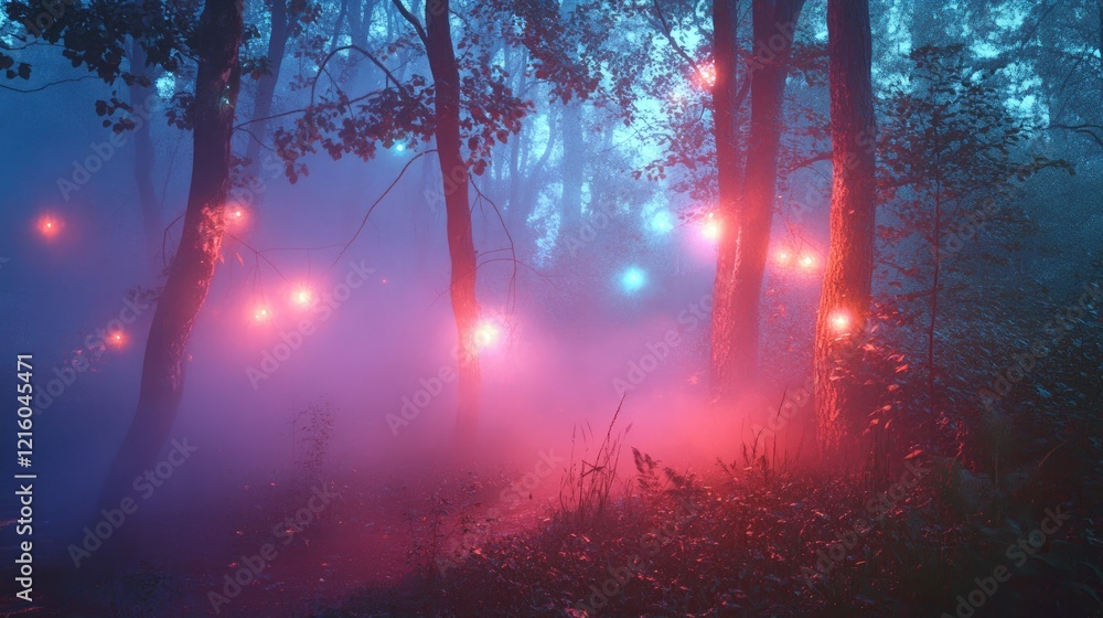 Fototapeta premium Dreamy enchanted forest with bioluminescent plants glowing softly, magical lights illuminating the misty atmosphere