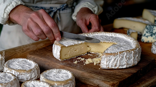 Artisan Camembert Cheese Cutting on Wooden Board: A Delicious French Delicacy photo