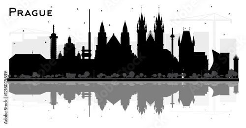 Prague Czech Republic City Skyline Silhouette with Black Buildings and reflections Isolated on White. Travel and Tourism Concept with Historic Architecture. Prague Cityscape with Landmarks.