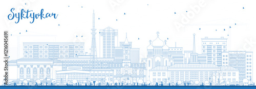 Outline Syktyvkar Russia city skyline with blue buildings. Syktyvkar cityscape with landmarks. Travel and tourism concept with modern and historic architecture.
