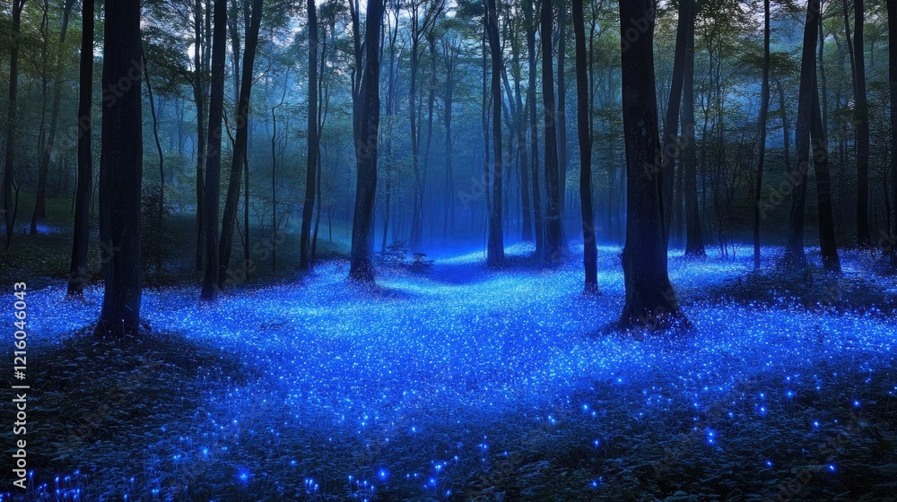 Obraz premium Enchanted forest with glowing bioluminescent plants, fog rolling through the trees, and magical lights creating a surreal vibe