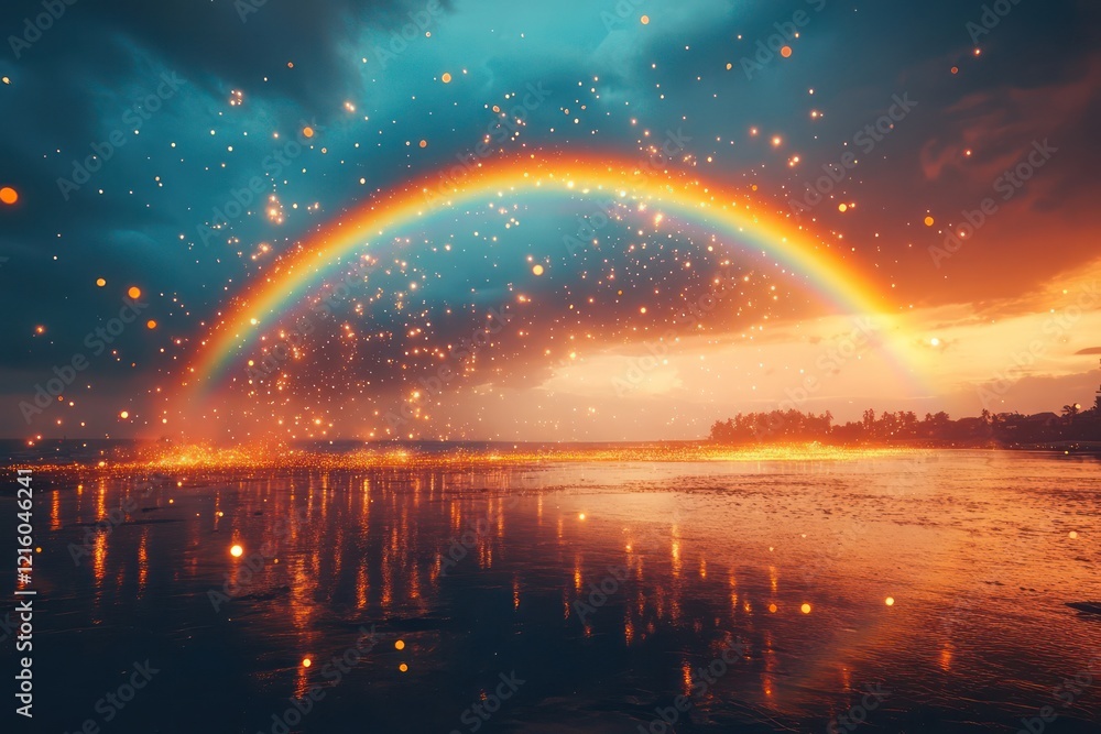 custom made wallpaper toronto digitalA stunning rainbow arch overhead, adorned with glowing sparkles suspended in the air, set against a vibrant sunset sky