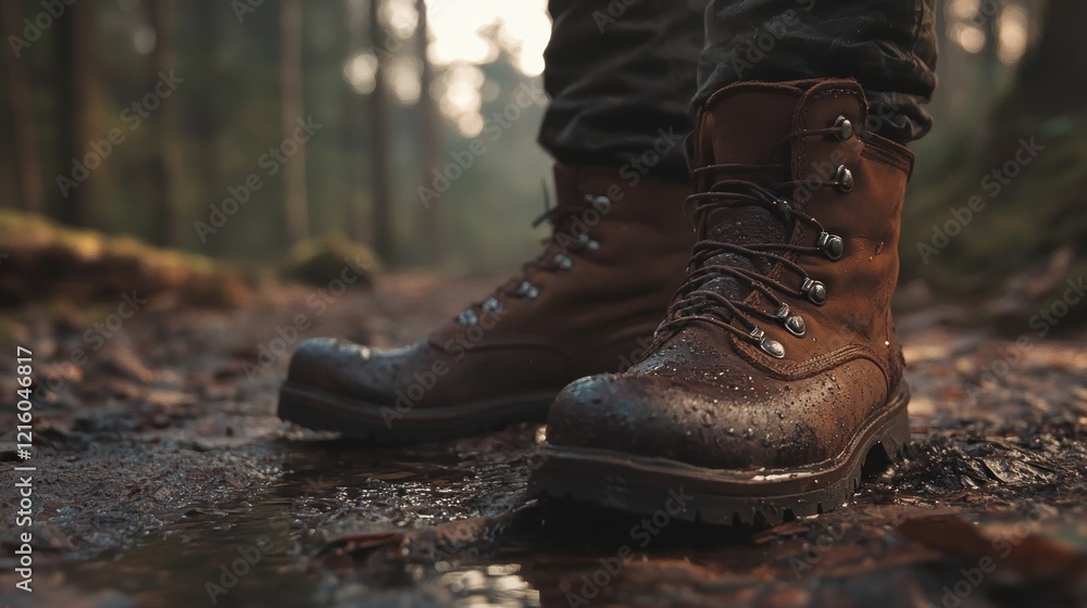 Hiking boots in muddy forest path Hiking boots in muddy forest path