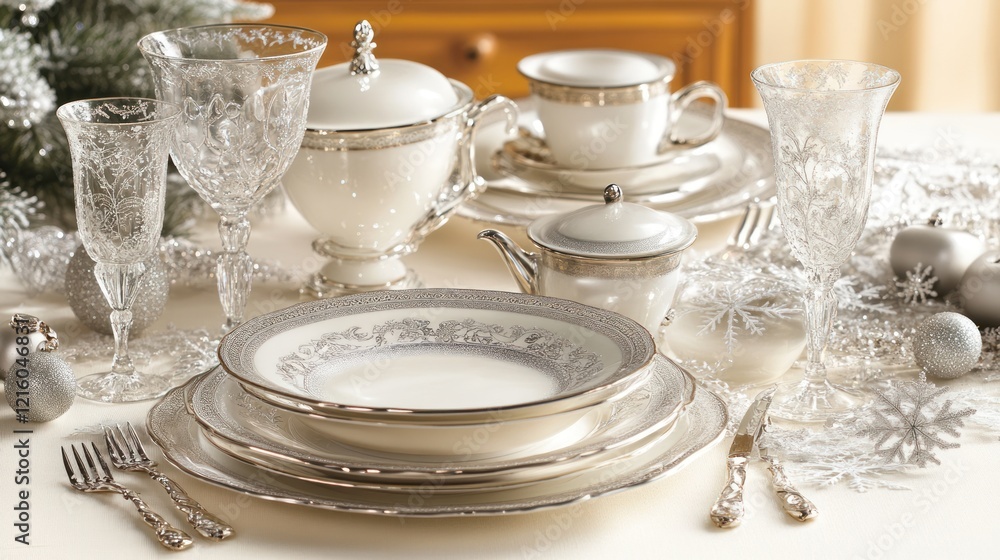 Elegant Christmas Dinner Table Setting with Fine China and Crystal Elegant Christmas Dinner Table Setting with Fine China and Crystal