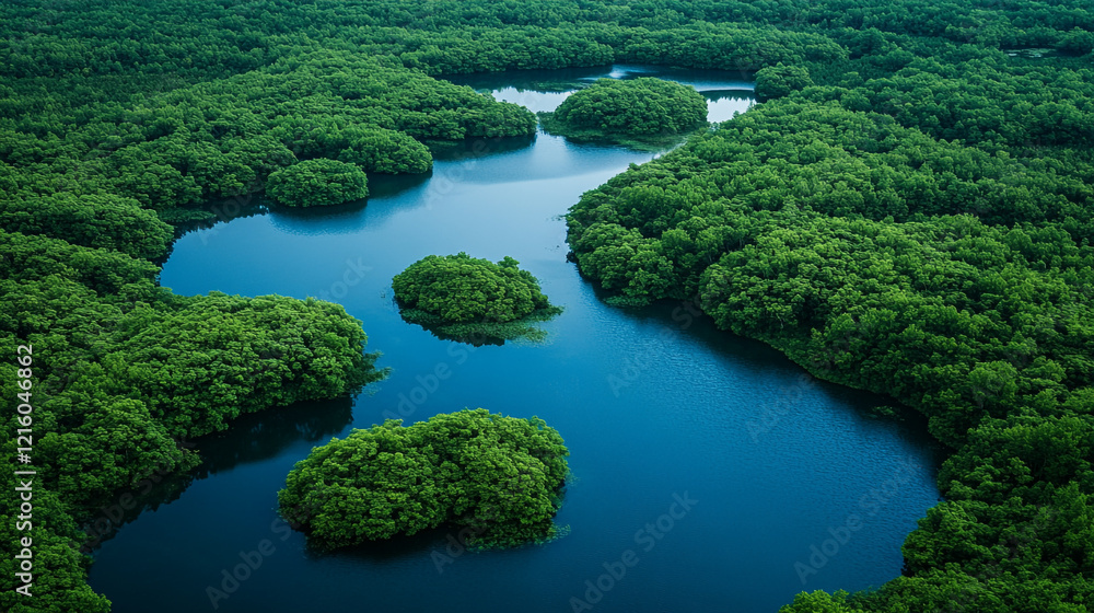 Lush green canopy surrounding winding river in a remote natural landscape Lush green canopy surrounding winding river in a remote natural landscape