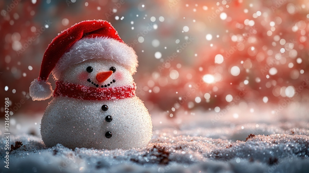 Fototapeta premium Snowman with Santa hat amidst sparkling snowflakes