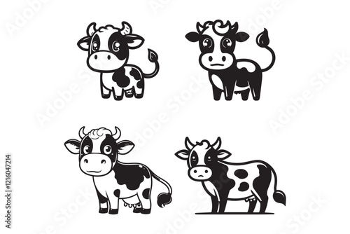 Set of cartoon cow silhouette on white background