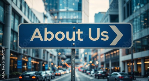 about us text on road sign in middle of modern business city background