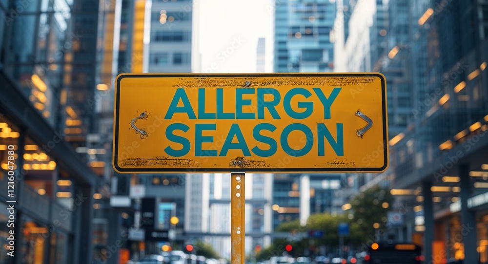 Obraz premium allergy season text on road sign in middle of modern business city background