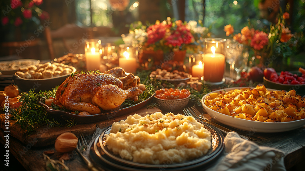 Holiday feast with rustic table setting, roast turkey centerpiece, candlelight, warm glow Holiday feast with rustic table setting, roast turkey centerpiece, candlelight, warm glow