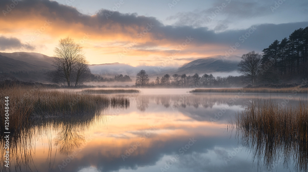 Stunning sunrise over tranquil lake reflecting hues of dawn in serene landscape Stunning sunrise over tranquil lake reflecting hues of dawn in serene landscape