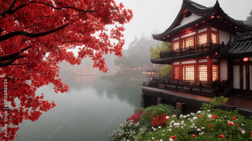 Fototapeta premium Serene Asian House by Misty Lake with Autumn Leaves