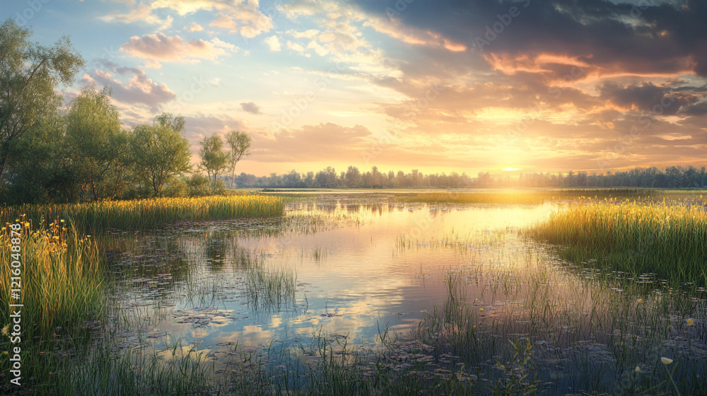 Golden sunset reflects on calm lake surrounded by lush greenery at twilight Golden sunset reflects on calm lake surrounded by lush greenery at twilight