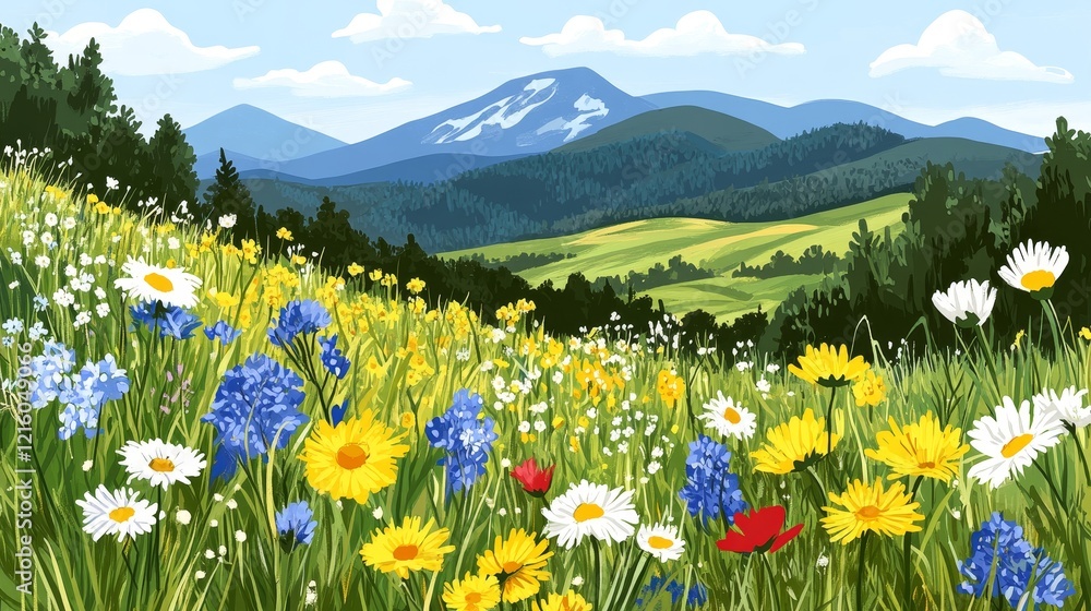 Fototapeta premium Vibrant Wildflower Meadow in a Mountain Valley Landscape