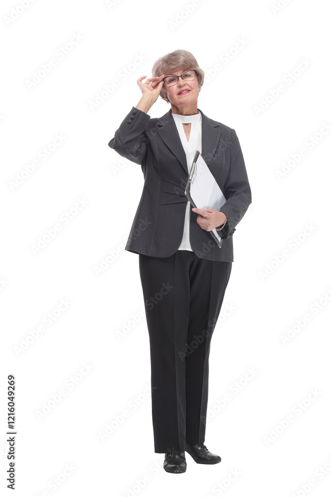 Front view of businesswoman with clipboard and finger point up Front view of businesswoman with clipboard and finger point up