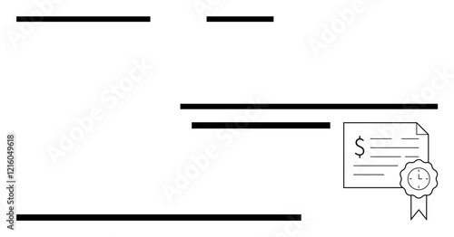Blank check form with black lines for recipient, date, and amount. Includes certified document icon with a seal. Ideal for finance, banking, transactions, validation, payments bookkeeping