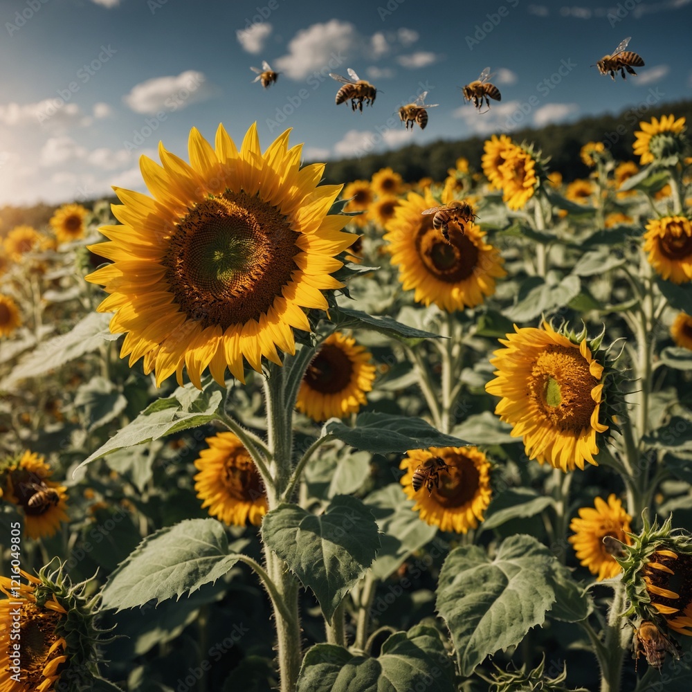 Fototapeta premium A vibrant sunflower surrounded by buzzing honeybees.