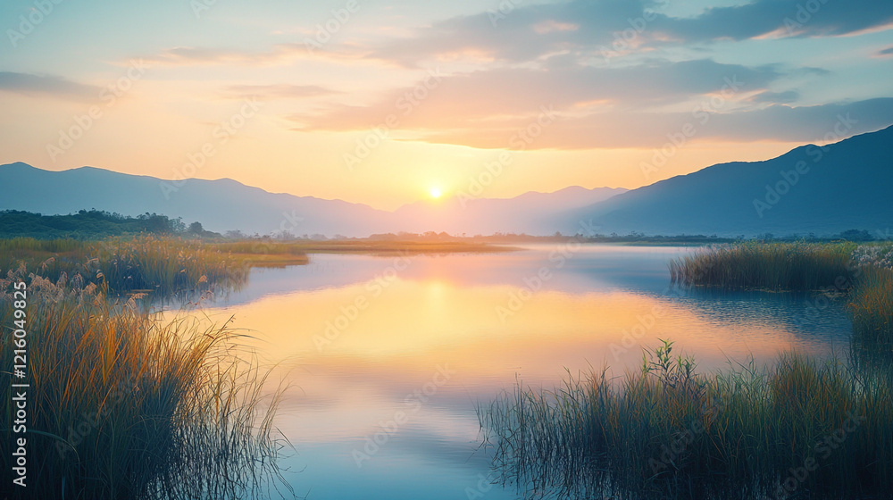 Serene sunset over a tranquil lake with mountains in the background near lush wetlands Serene sunset over a tranquil lake with mountains in the background near lush wetlands