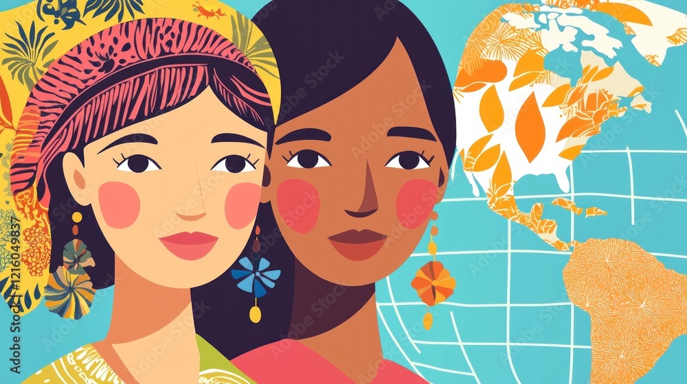 Diverse Women with Earth Map Background in Bright Colors Diverse Women with Earth Map Background in Bright Colors