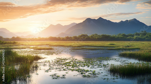 Wallpaper Mural Majestic sunrise over tranquil wetlands and distant mountains in serene landscape Torontodigital.ca