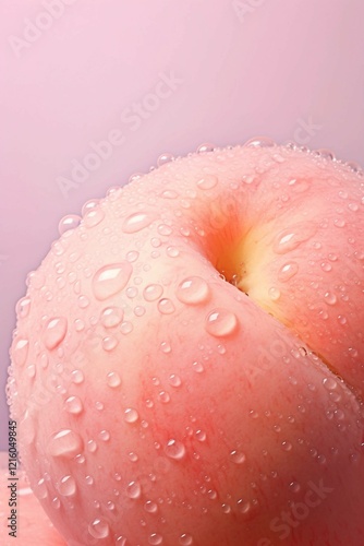 Water peach in close-up photography, light pink background, translucent foam texture, splashing water droplets, gorgeous colors