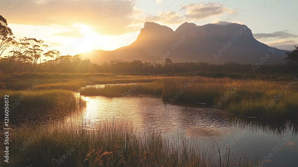 Obraz premium Stunning sunset over a tranquil wetland with mountains in the background
